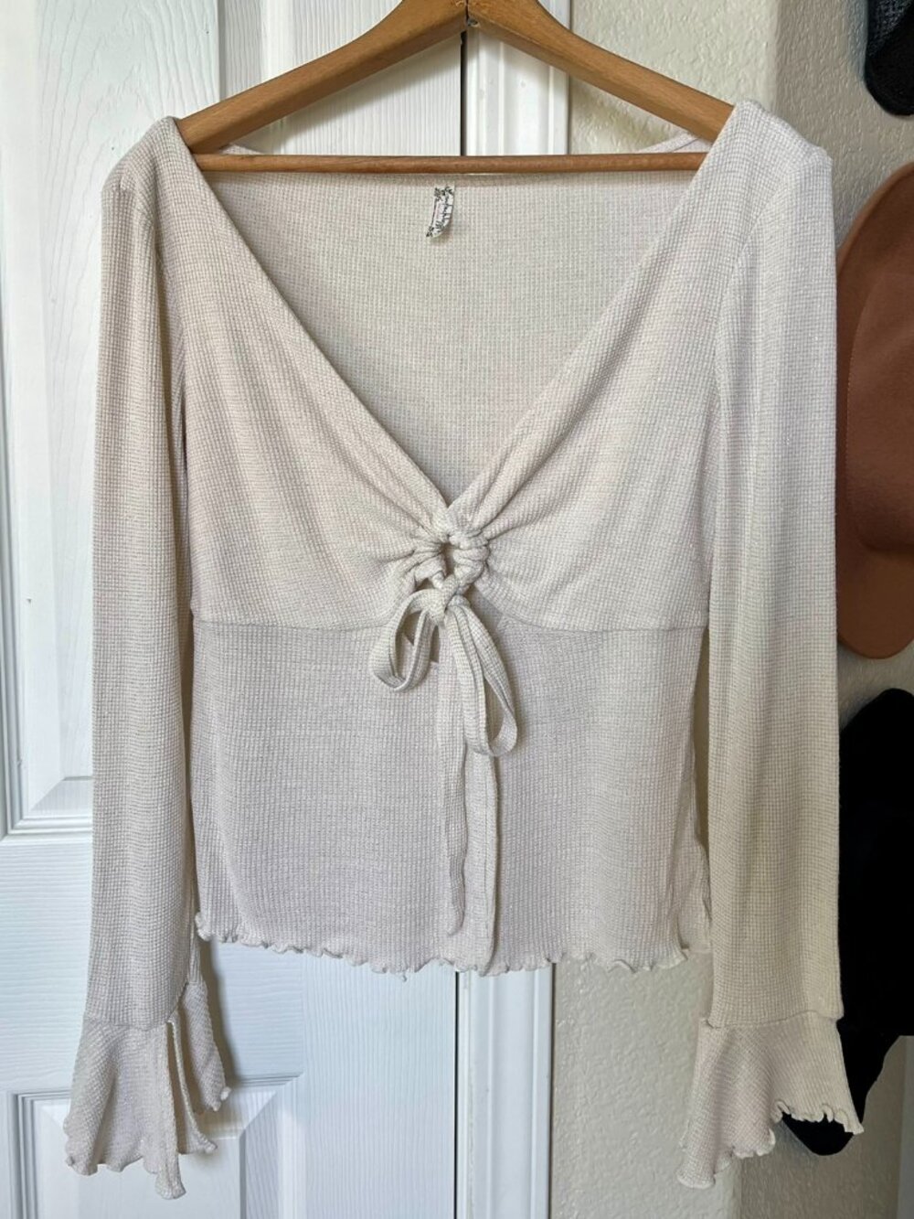 Free People Intimately Ivory Thermal Waffle Knit Keyhole Ring Front Bell Sleeve